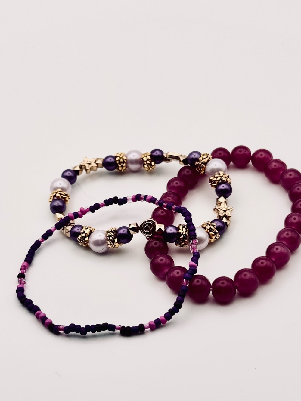 Hand Crafted Maroon, Purple & Pink Beaded Bracelet Set